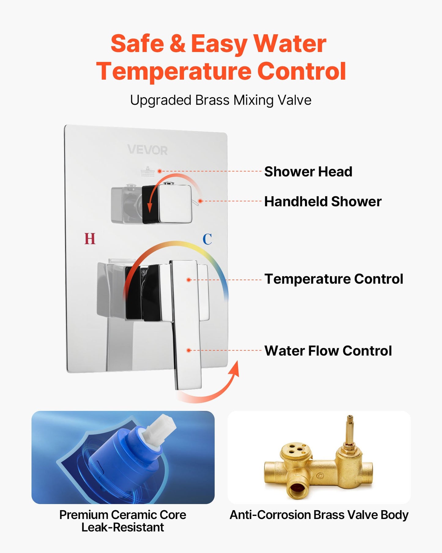 Shower Faucet Set, Rainfall Bathroom Shower System with 10-Inch (25.4cm) Square Rain Shower Head and Handheld Spray, Wall Mounted Bath Fixtures with Brass Valve and Trim Kit, Silver Chrome