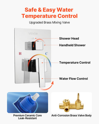 Shower Faucet Set, Rainfall Bathroom Shower System with 10-Inch (25.4cm) Square Rain Shower Head and Handheld Spray, Wall Mounted Bath Fixtures with Brass Valve and Trim Kit, Silver Chrome