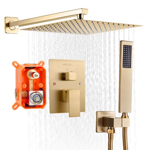Shower Faucet Set, Rainfall Bathroom Shower System with 10-Inch (25.4cm) Square Rain Shower Head and Handheld Spray, Wall Mounted Bath Fixtures with Brass Valve and Trim Kit, Brushed Gold