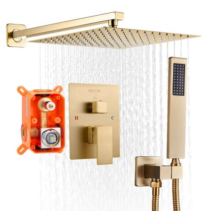 Shower Faucet Set, Rainfall Bathroom Shower System with 10-Inch (25.4cm) Square Rain Shower Head and Handheld Spray, Wall Mounted Bath Fixtures with Brass Valve and Trim Kit, Brushed Gold