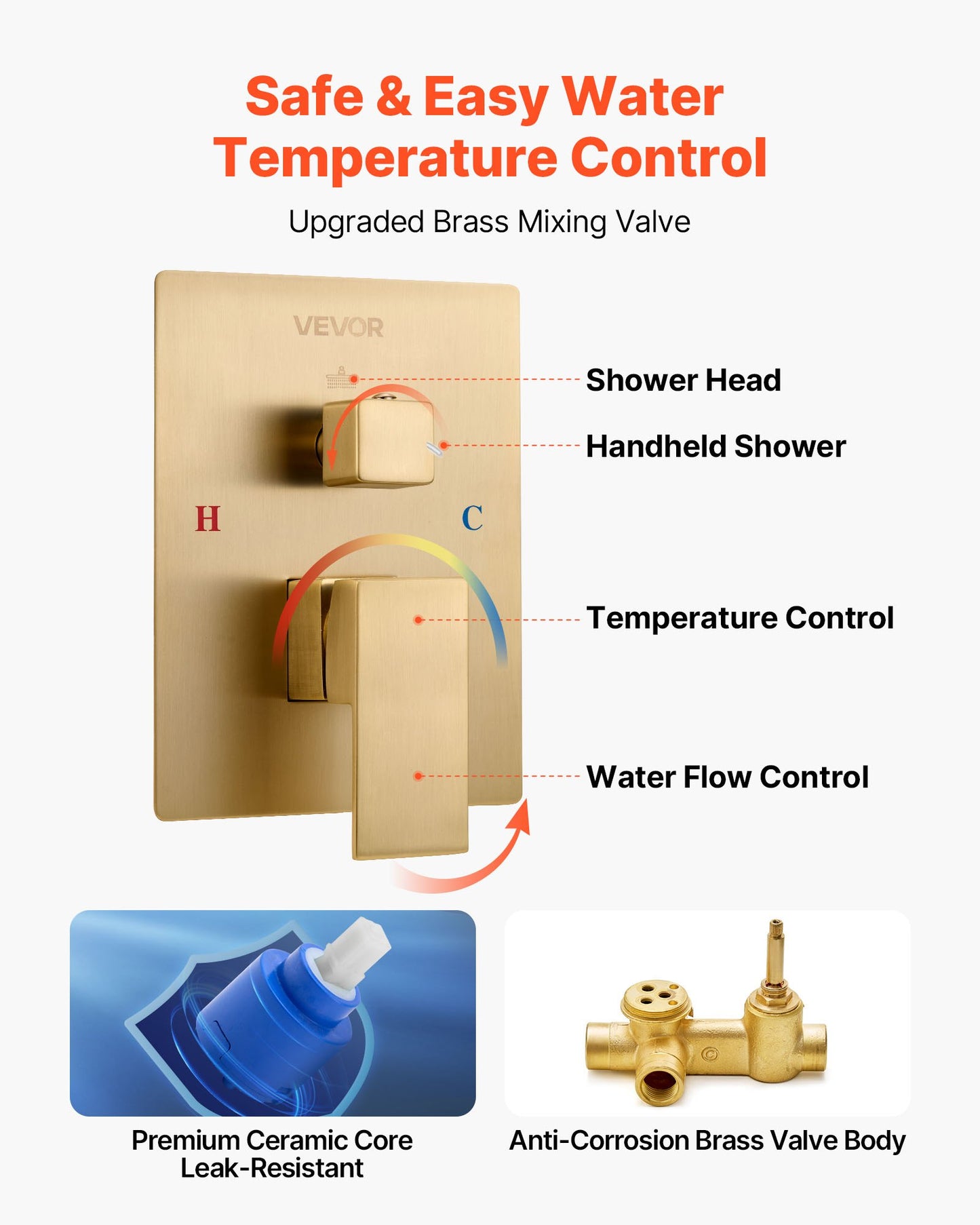 Shower Faucet Set, Rainfall Bathroom Shower System with 10-Inch (25.4cm) Square Rain Shower Head and Handheld Spray, Wall Mounted Bath Fixtures with Brass Valve and Trim Kit, Brushed Gold
