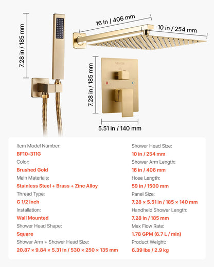 Shower Faucet Set, Rainfall Bathroom Shower System with 10-Inch (25.4cm) Square Rain Shower Head and Handheld Spray, Wall Mounted Bath Fixtures with Brass Valve and Trim Kit, Brushed Gold