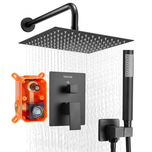 Shower Faucet Set, Rainfall Bathroom Shower System with 10-Inch (25.4cm) Square Rain Shower Head and Handheld Spray, Wall Mounted Bath Fixtures with Brass Valve and Trim Kit, Matte Black