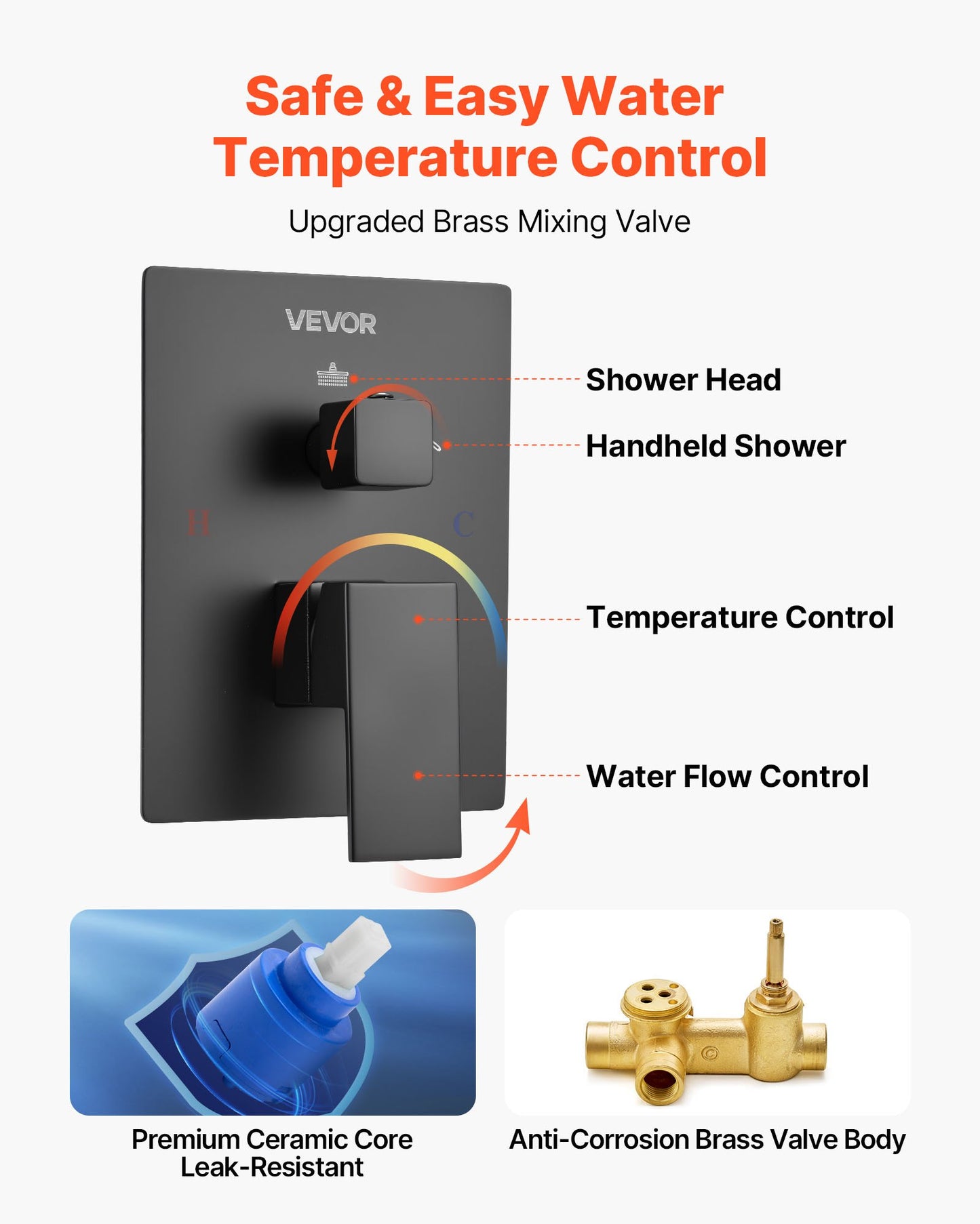 Shower Faucet Set, Rainfall Bathroom Shower System with 10-Inch (25.4cm) Square Rain Shower Head and Handheld Spray, Wall Mounted Bath Fixtures with Brass Valve and Trim Kit, Matte Black