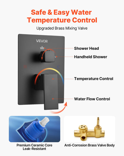 Shower Faucet Set, Rainfall Bathroom Shower System with 10-Inch (25.4cm) Square Rain Shower Head and Handheld Spray, Wall Mounted Bath Fixtures with Brass Valve and Trim Kit, Matte Black