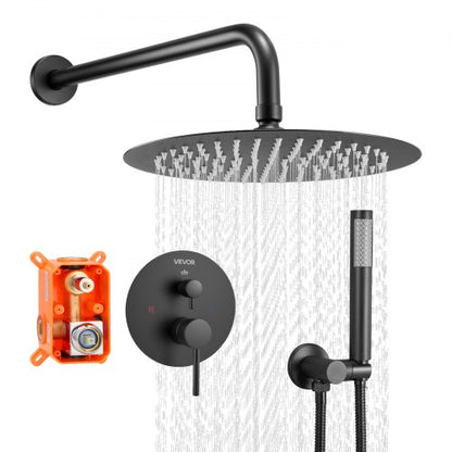 Shower Faucet Set, Rainfall Bathroom Shower System with 8-Inch (20.3cm) Round Rain Shower Head and Handheld Spray, Wall Mounted Bath Fixtures with Brass Valve and Trim Kit, Matte Black