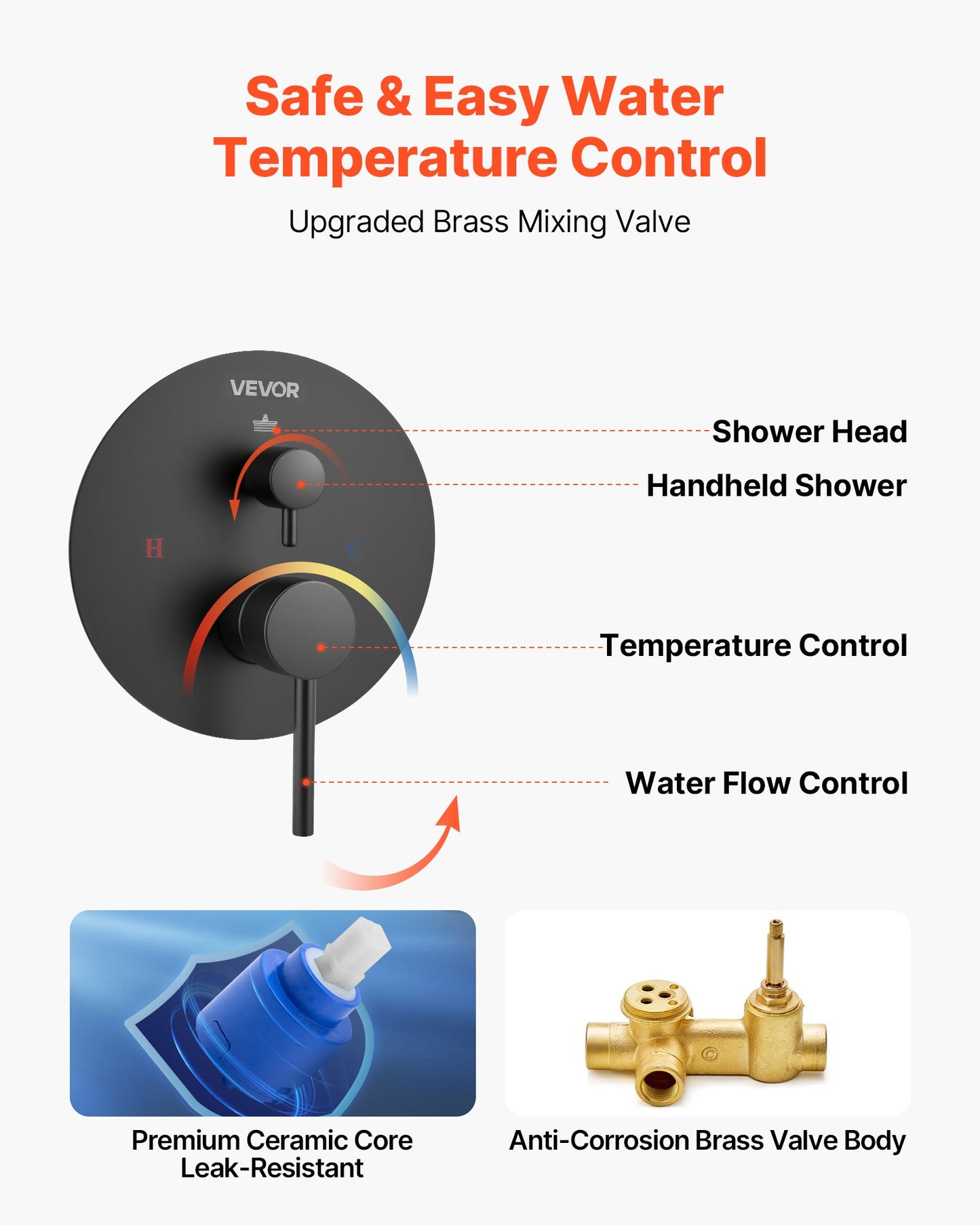 Shower Faucet Set, Rainfall Bathroom Shower System with 8-Inch (20.3cm) Round Rain Shower Head and Handheld Spray, Wall Mounted Bath Fixtures with Brass Valve and Trim Kit, Matte Black