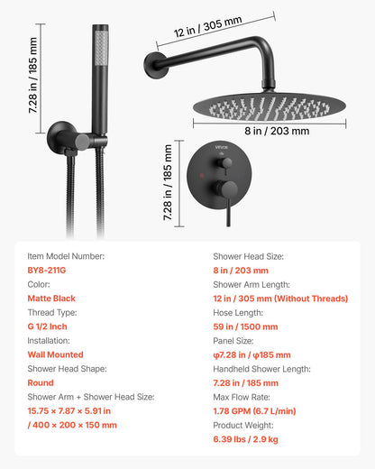 Shower Faucet Set, Rainfall Bathroom Shower System with 8-Inch (20.3cm) Round Rain Shower Head and Handheld Spray, Wall Mounted Bath Fixtures with Brass Valve and Trim Kit, Matte Black