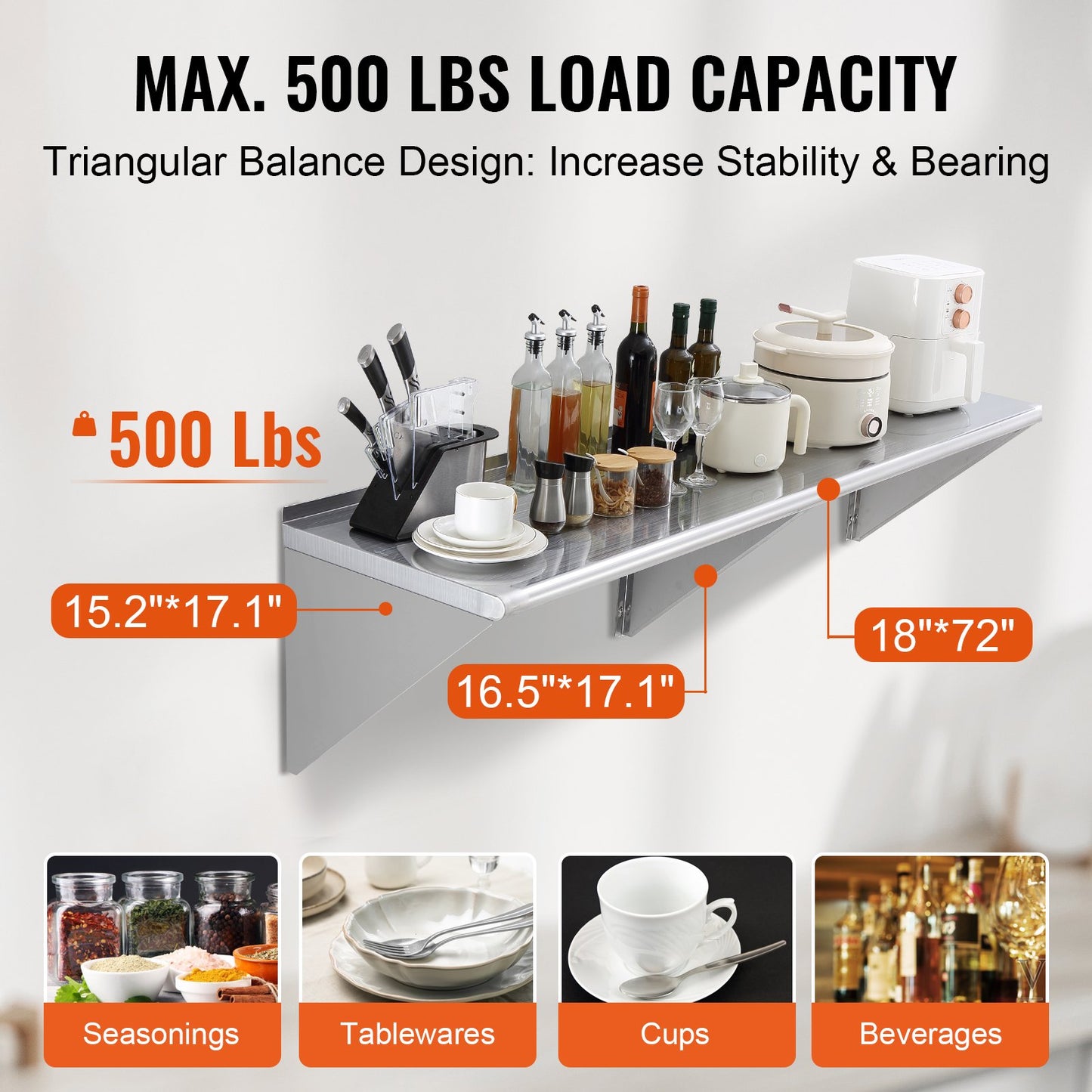 72" x 18" Väggmonterad hylla i rostfritt stål för kök och restaurang