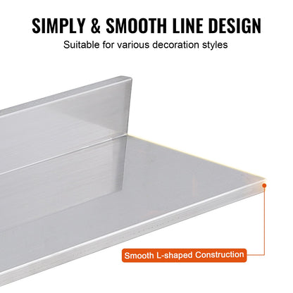 21,8 x 76,2 cm hylla i rostfritt stål, väggmonterad flytande hylla med bakstänkskydd, 20 kg lastkapacitet kommersiella hyllor, kraftig förvaringsställ för restaurang, kök, bar, hem och hotell