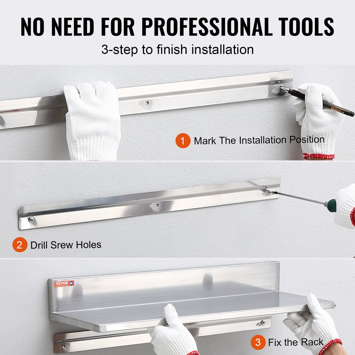 21,8 x 76,2 cm hylla i rostfritt stål, väggmonterad flytande hylla med bakstänkskydd, 20 kg lastkapacitet kommersiella hyllor, kraftig förvaringsställ för restaurang, kök, bar, hem och hotell