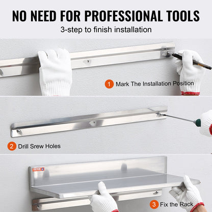 21,8 x 76,2 cm hylla i rostfritt stål, väggmonterad flytande hylla med bakstänkskydd, 20 kg lastkapacitet kommersiella hyllor, kraftig förvaringsställ för restaurang, kök, bar, hem och hotell