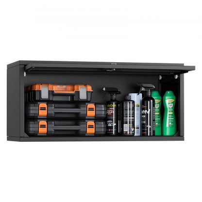 Metallväggskåp, 77B x 30,5D x 35,6H cm, Flytande garageverktygsskåp med uppfällbar dörr, 54,5 kg belastning per hyllplan, Lämplig för garage, källare, kök, lager, montering krävs