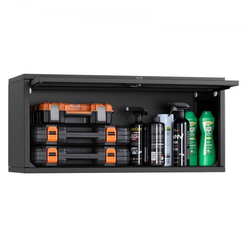 Metallväggskåp, 77B x 30,5D x 35,6H cm, Flytande garageverktygsskåp med uppfällbar dörr, 54,5 kg belastning per hyllplan, Lämplig för garage, källare, kök, lager, montering krävs