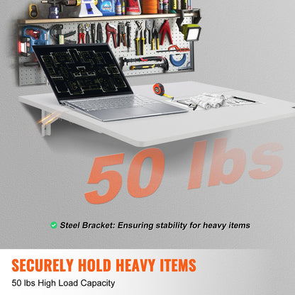 Väggmonterat fällbord, 89,5 x 49,5 cm väggmonterat klaffbord, flytande skrivbord med järnfäste, nedfällbart skrivbord för små utrymmen, hemmakontor, matsal, tvättstuga, kök, bar, vit