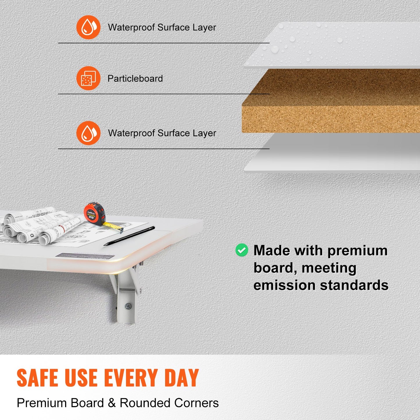 Väggmonterat fällbord, 89,5 x 49,5 cm väggmonterat klaffbord, flytande skrivbord med järnfäste, nedfällbart skrivbord för små utrymmen, hemmakontor, matsal, tvättstuga, kök, bar, vit
