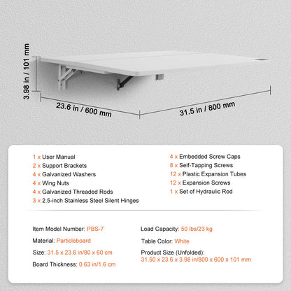 Väggmonterat fällbord, 89,5 x 49,5 cm väggmonterat klaffbord, flytande skrivbord med järnfäste, nedfällbart skrivbord för små utrymmen, hemmakontor, matsal, tvättstuga, kök, bar, vit