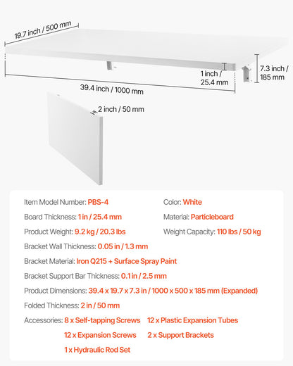 Väggmonterat fällbord, 39,4 x 19,7 tum väggmonterat bord, flytande skrivbord med järnfäste, nedfällbart skrivbord för små utrymmen, hemmakontor, matsal, tvättstuga, kök, bar, vit