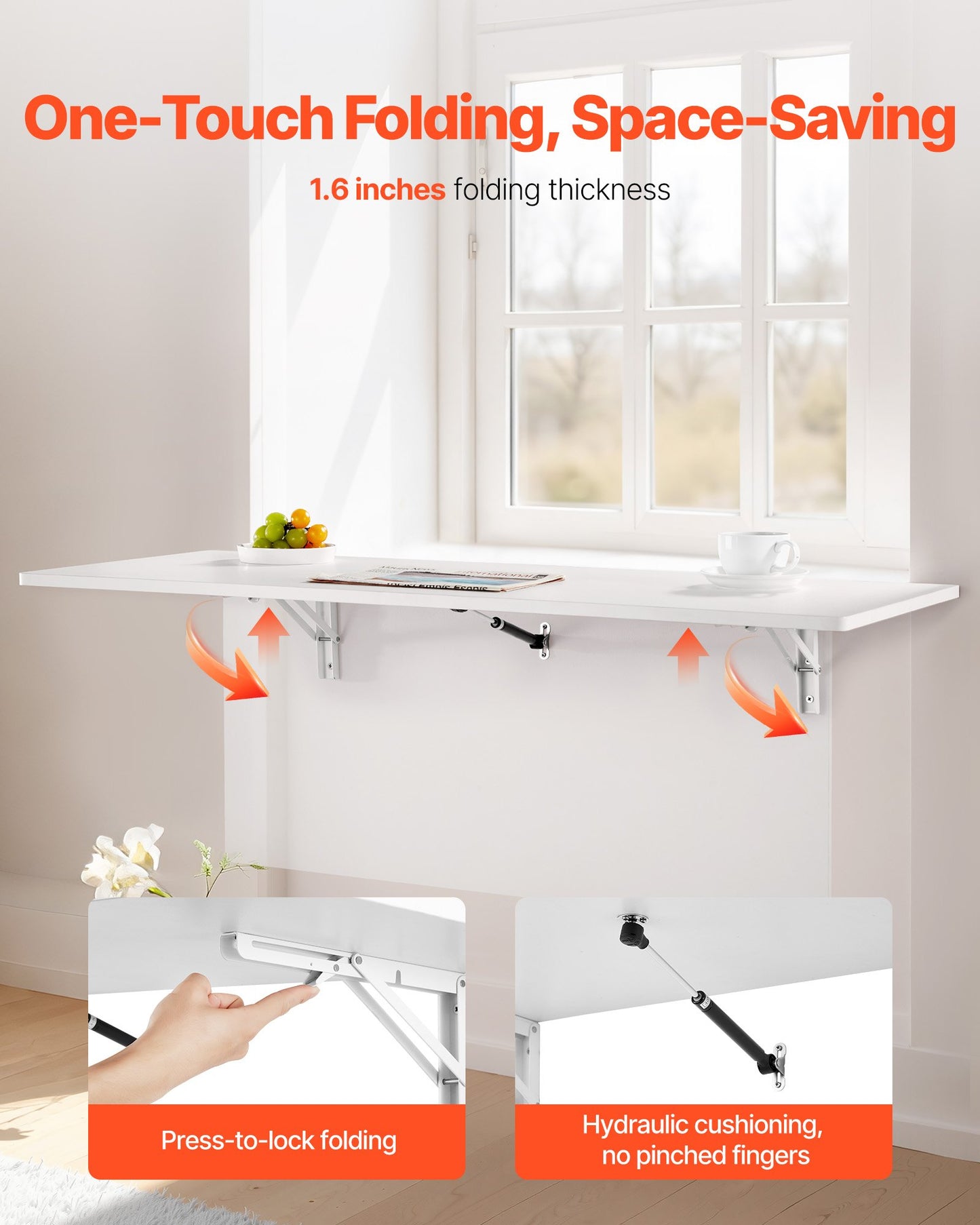 Väggmonterat fällbord, 43,3 x 18 tum väggmonterat bord, flytande skrivbord med järnfäste, nedfällbart skrivbord för små utrymmen, hemmakontor, matsal, tvättstuga, kök, bar, vit