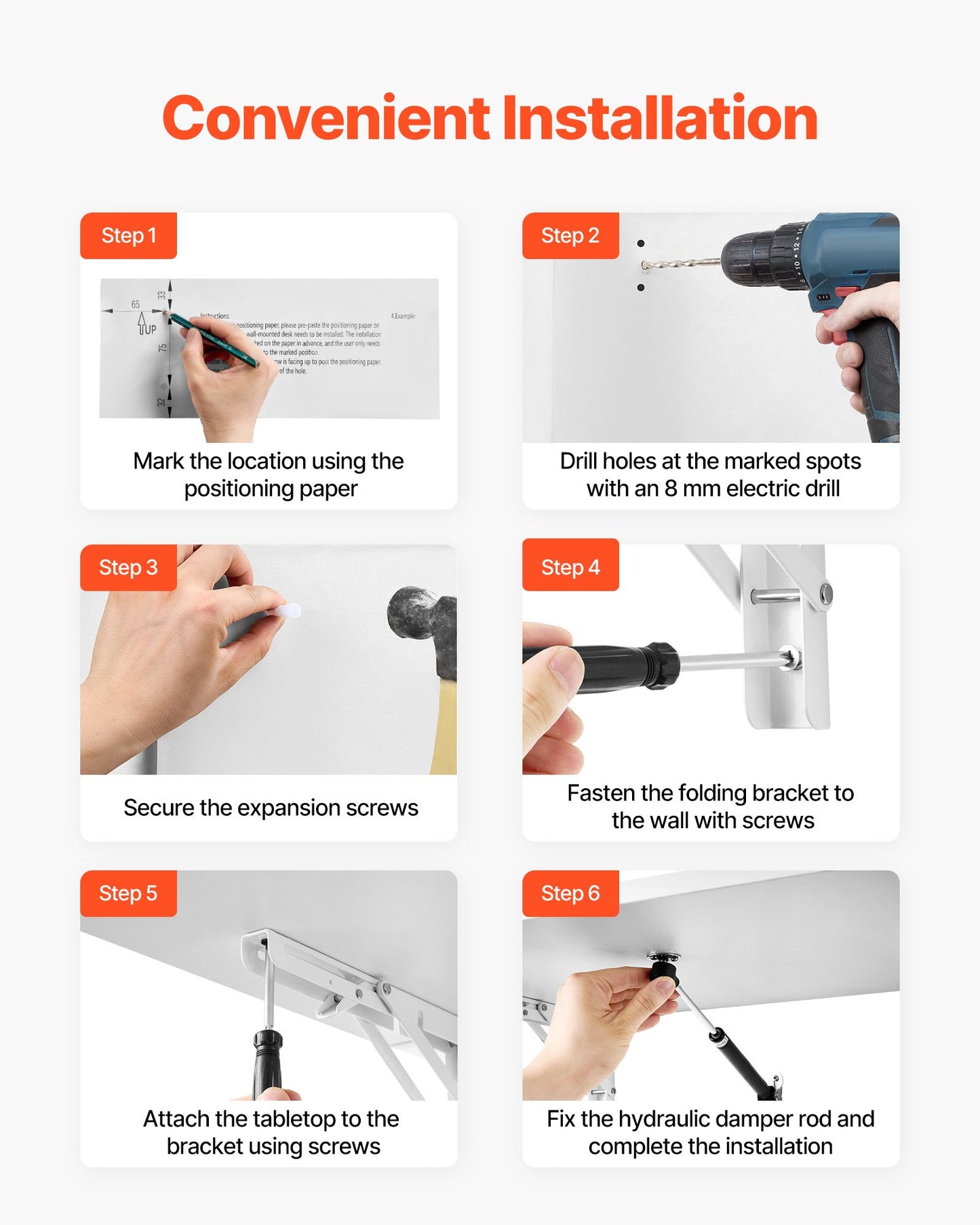 Väggmonterat fällbord, 43,3 x 18 tum väggmonterat bord, flytande skrivbord med järnfäste, nedfällbart skrivbord för små utrymmen, hemmakontor, matsal, tvättstuga, kök, bar, vit
