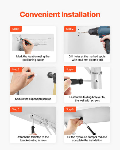 Väggmonterat fällbord, 43,3 x 18 tum väggmonterat bord, flytande skrivbord med järnfäste, nedfällbart skrivbord för små utrymmen, hemmakontor, matsal, tvättstuga, kök, bar, vit