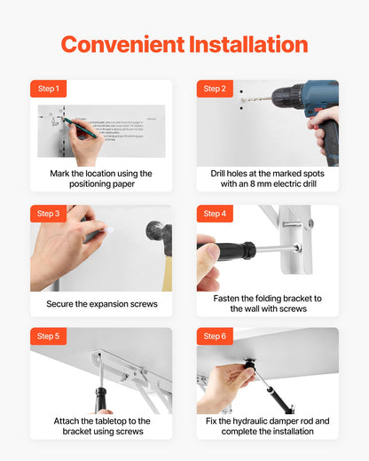 Väggmonterat fällbord, 47,2 x 19,7 tum väggmonterat bord, flytande skrivbord med järnfäste, nedfällbart skrivbord för små utrymmen, hemmakontor, matsal, tvättstuga, kök, bar, vit