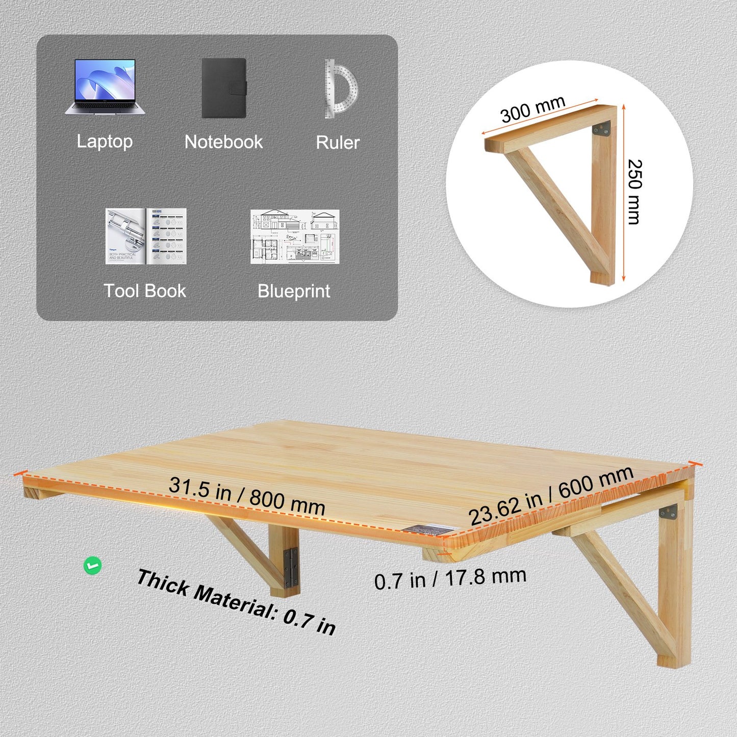 Väggmonterat fällbord, 89,5 x 61,6 cm väggmonterat klaffbord, flytande träskrivbord med järnfäste, nedfällbart skrivbord för små utrymmen, hemmakontor, matsal, tvättstuga, kök, bar