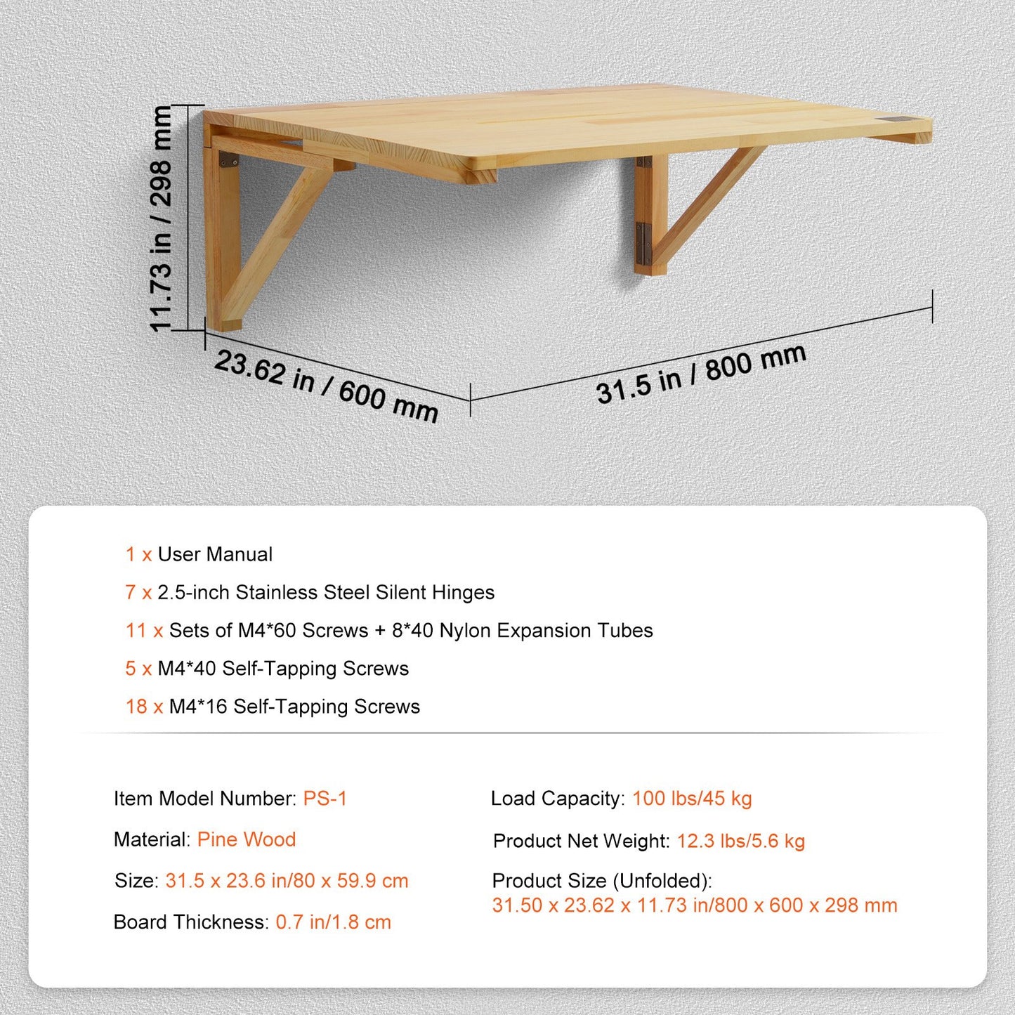 Väggmonterat fällbord, 89,5 x 61,6 cm väggmonterat klaffbord, flytande träskrivbord med järnfäste, nedfällbart skrivbord för små utrymmen, hemmakontor, matsal, tvättstuga, kök, bar