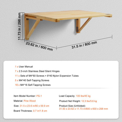 Väggmonterat fällbord, 89,5 x 61,6 cm väggmonterat klaffbord, flytande träskrivbord med järnfäste, nedfällbart skrivbord för små utrymmen, hemmakontor, matsal, tvättstuga, kök, bar