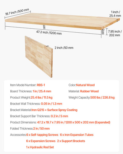 Väggmonterat fällbord, 47,2 x 19,7 tum väggmonterat bord, flytande skrivbord med järnfäste, nedfällbart skrivbord för små utrymmen, hemmakontor, matsal, tvättstuga, kök, bar, Burlywood