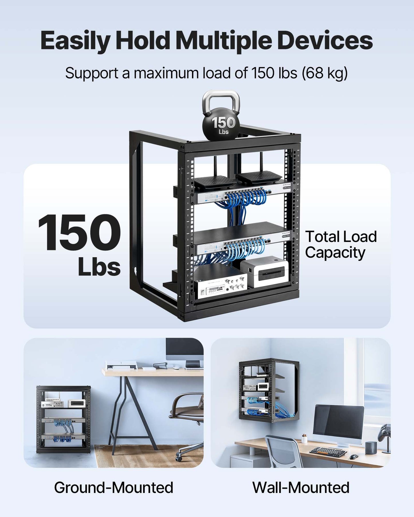 12U Wall Mount Server Rack, 68.04 kg Max Load Capacity, Open Frame Network Rack with 180 Degrees Gate Swing Door, Carbon Steel, Ideal for IT Network Equipment & AV Devices Computer Server, Black