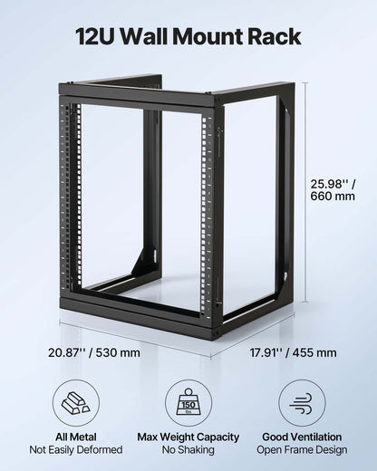 12U Wall Mount Server Rack, 68.04 kg Max Load Capacity, Open Frame Network Rack with 180 Degrees Gate Swing Door, Carbon Steel, Ideal for IT Network Equipment & AV Devices Computer Server, Black