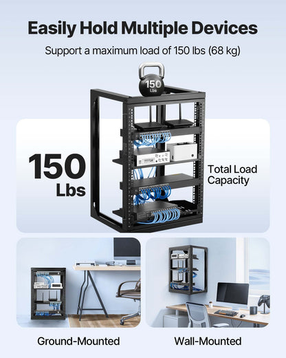 15U väggmonterat serverrack, 68,04 kg maxlastkapacitet, nätverksrack med öppen ram och 180 graders svängdörr, kolstål, perfekt för IT-nätverksutrustning och AV-enheter, datorserver, svart