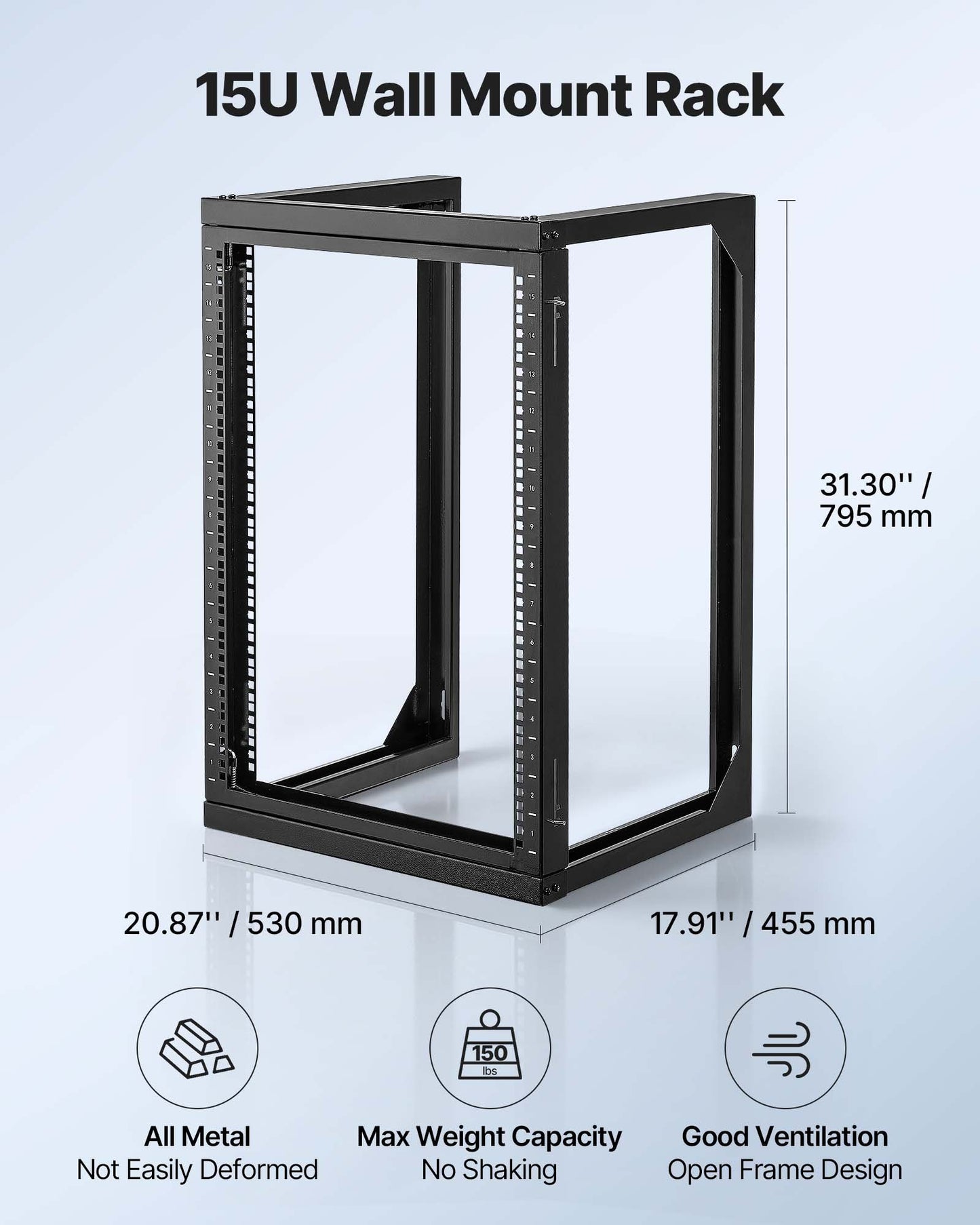 15U väggmonterat serverrack, 68,04 kg maxlastkapacitet, nätverksrack med öppen ram och 180 graders svängdörr, kolstål, perfekt för IT-nätverksutrustning och AV-enheter, datorserver, svart
