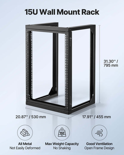 15U väggmonterat serverrack, 68,04 kg maxlastkapacitet, nätverksrack med öppen ram och 180 graders svängdörr, kolstål, perfekt för IT-nätverksutrustning och AV-enheter, datorserver, svart