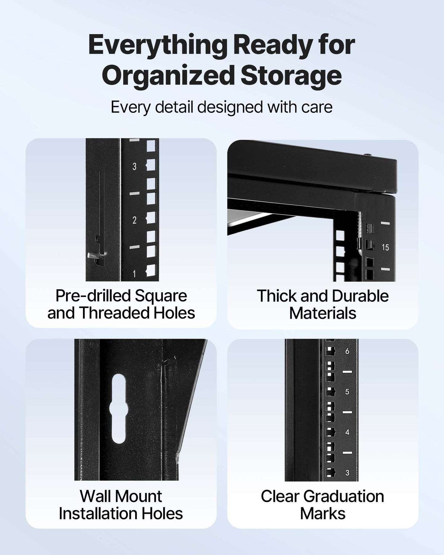 15U väggmonterat serverrack, 68,04 kg maxlastkapacitet, nätverksrack med öppen ram och 180 graders svängdörr, kolstål, perfekt för IT-nätverksutrustning och AV-enheter, datorserver, svart