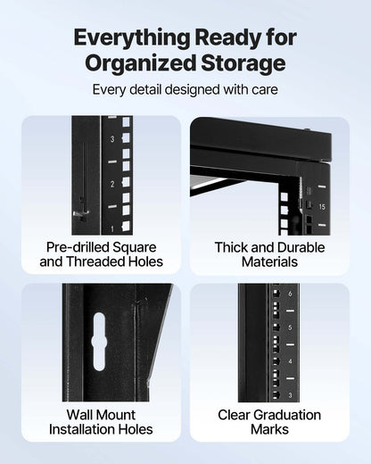 15U väggmonterat serverrack, 68,04 kg maxlastkapacitet, nätverksrack med öppen ram och 180 graders svängdörr, kolstål, perfekt för IT-nätverksutrustning och AV-enheter, datorserver, svart