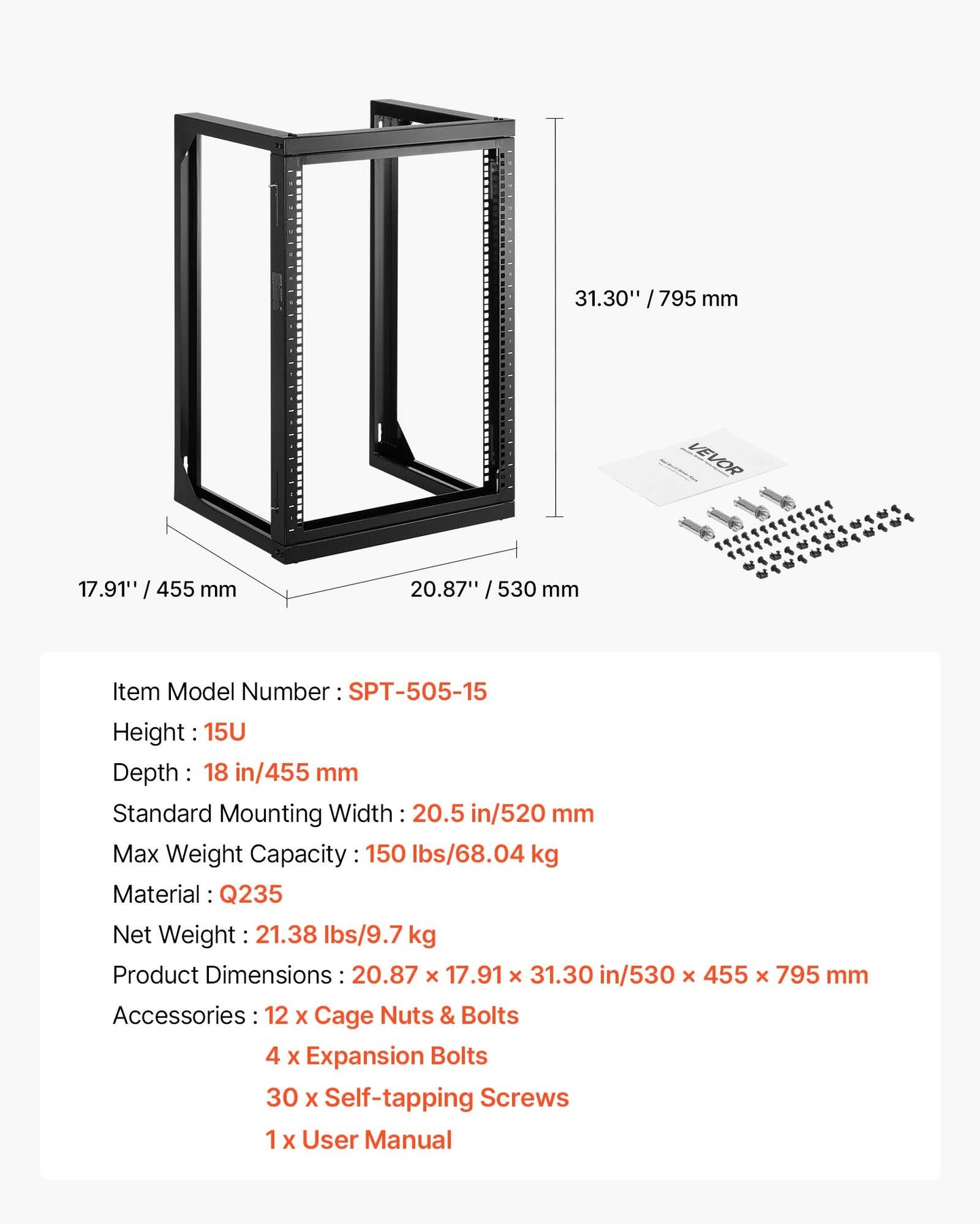 15U väggmonterat serverrack, 68,04 kg maxlastkapacitet, nätverksrack med öppen ram och 180 graders svängdörr, kolstål, perfekt för IT-nätverksutrustning och AV-enheter, datorserver, svart