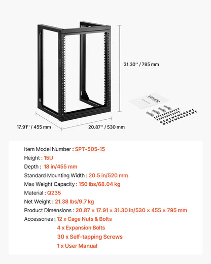 15U väggmonterat serverrack, 68,04 kg maxlastkapacitet, nätverksrack med öppen ram och 180 graders svängdörr, kolstål, perfekt för IT-nätverksutrustning och AV-enheter, datorserver, svart