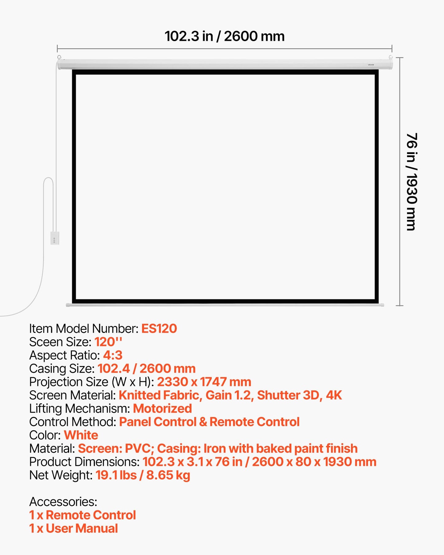 Motoriserad projektorduk, 3048 mm 4:3 1080 HD elektrisk projektorduk, väggmonterad projektorduk med fjärrkontroll, automatisk filmduk för hemmabio på familjekontor