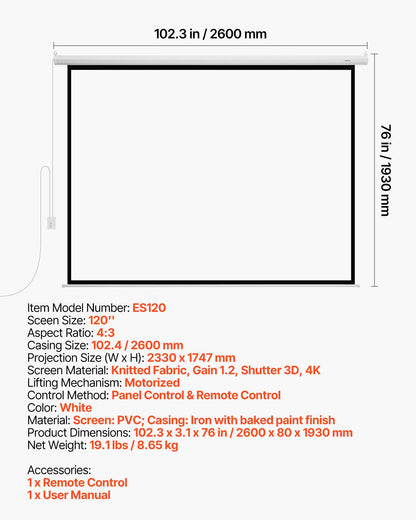 Motoriserad projektorduk, 3048 mm 4:3 1080 HD elektrisk projektorduk, väggmonterad projektorduk med fjärrkontroll, automatisk filmduk för hemmabio på familjekontor