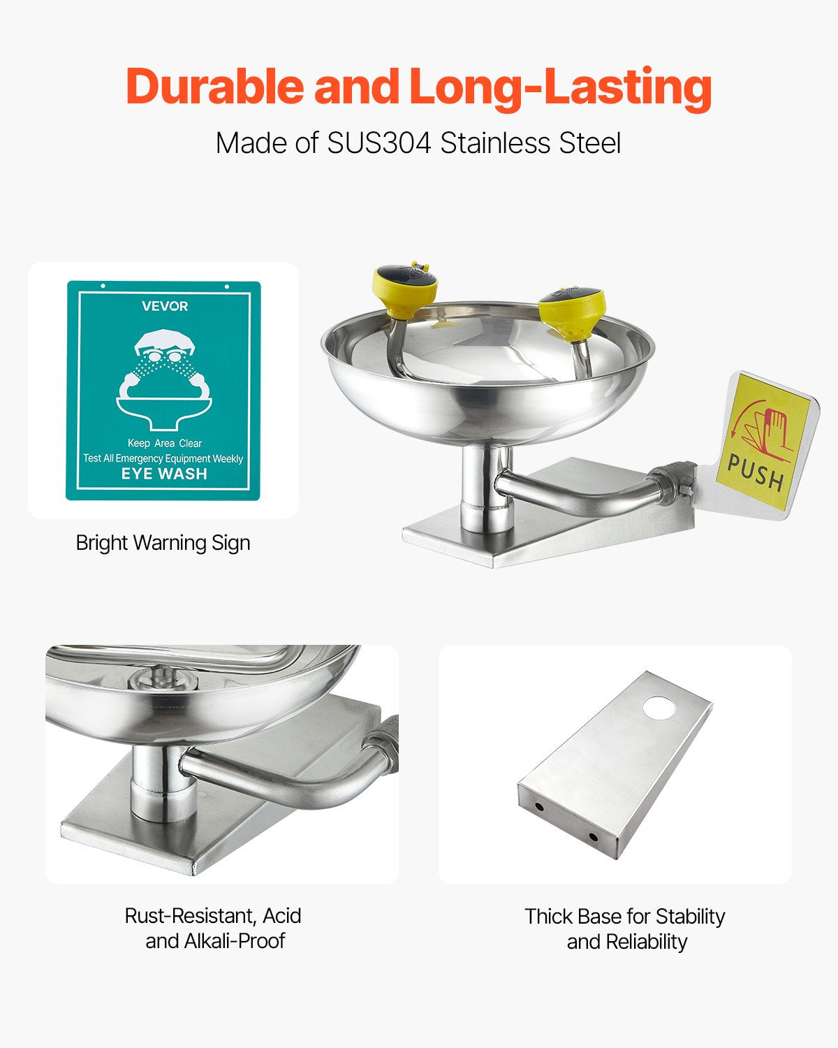 Emergency Eye Wash Station, Stainless Steel Wall-Mounted Eyewash Unit, First Aid Eye Wash Sink 410x330x240 mm, Ideal for Laboratories, Factories, Schools, Construction Sites