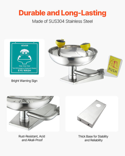 Emergency Eye Wash Station, Stainless Steel Wall-Mounted Eyewash Unit, First Aid Eye Wash Sink 410x330x240 mm, Ideal for Laboratories, Factories, Schools, Construction Sites