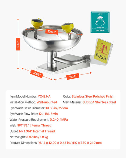Emergency Eye Wash Station, Stainless Steel Wall-Mounted Eyewash Unit, First Aid Eye Wash Sink 410x330x240 mm, Ideal for Laboratories, Factories, Schools, Construction Sites