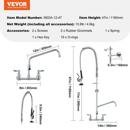Kommersiell kran med förspolningsmunstycke, 113 cm höjd, 20 cm mittavstånd, 30 cm svängbar pip, väggmonterad köksblandare, mässingskonstruktion med neddragbar dusch, för 1/2/3-facks diskho