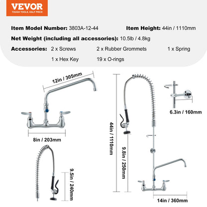 Kommersiell kran med förspolningsmunstycke, 112 cm höjd, 20 cm mittavstånd, 30 cm svängbar pip, väggmonterad köksblandare, mässingskonstruktion med neddragbar dusch, för 1/2/3-facks diskho
