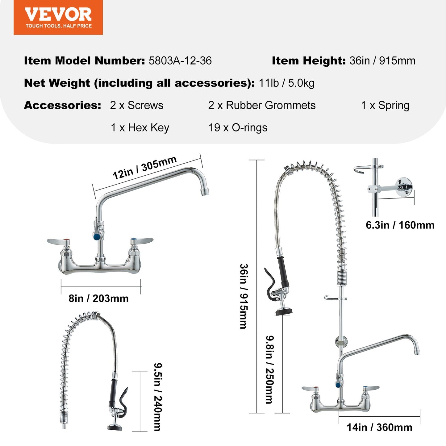 Kommersiell kran med förspolningsmunstycke, 91,4 cm höjd, 20,3 cm i mitten, 30,5 cm svängpip, väggmonterad köksblandare, mässingskonstruktion med neddragbar spole, för 1/2/3-facks diskho