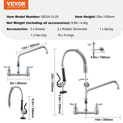 Kommersiell kran med förspolningsmunstycke, 63,5 cm höjd, 20,3 cm mitt, 30,5 cm svängpip, väggmonterad köksblandare, mässingskonstruktion med neddragbar spole, för 1/2/3-facks diskho