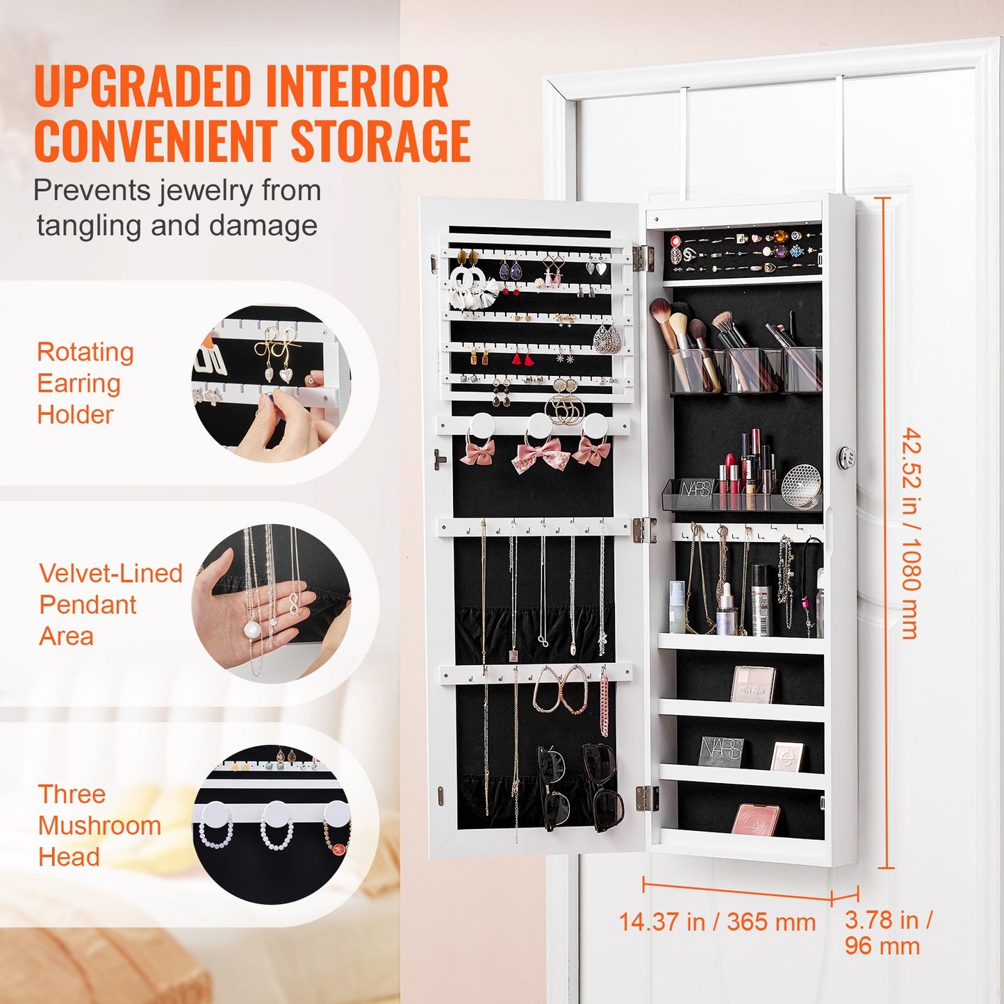 Spegelsmyckesskåp, 42,52 tum högt låsbart smyckesskåp med hel spegel, vägg- eller dörrmonterad smyckesspegelorganisatör med LED-innerbelysning och sammetsfoder, vit