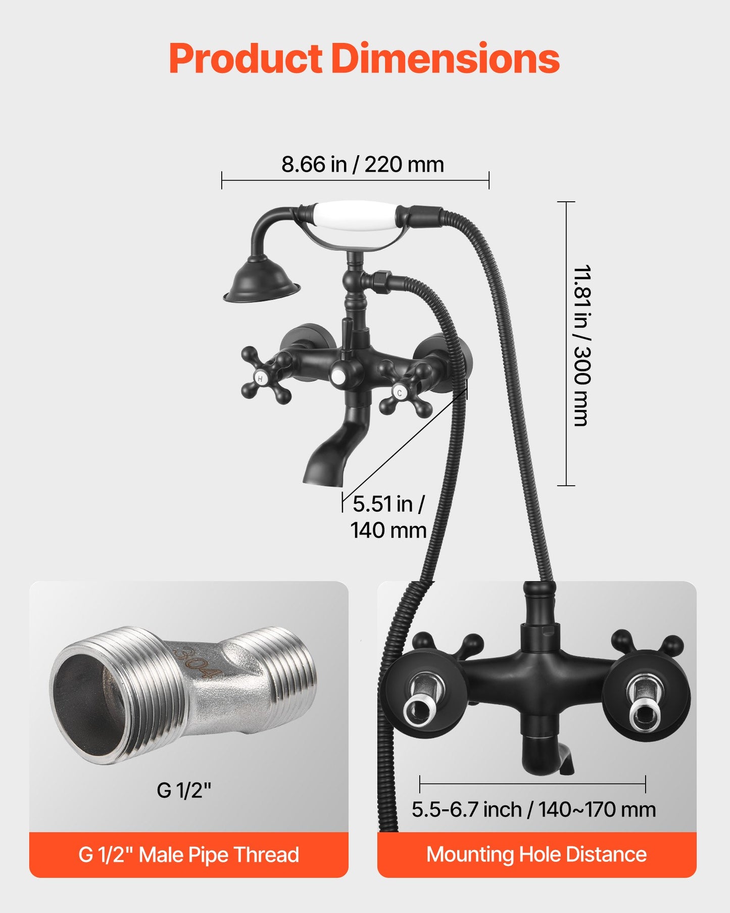 Badkarsblandare med klor, väggmonterade badkarsblandare med handhållen dusch, vintage mattsvart badkarsblandare med klor, duschkit med justerbara svängarmar och 360° roterande pip för badkar